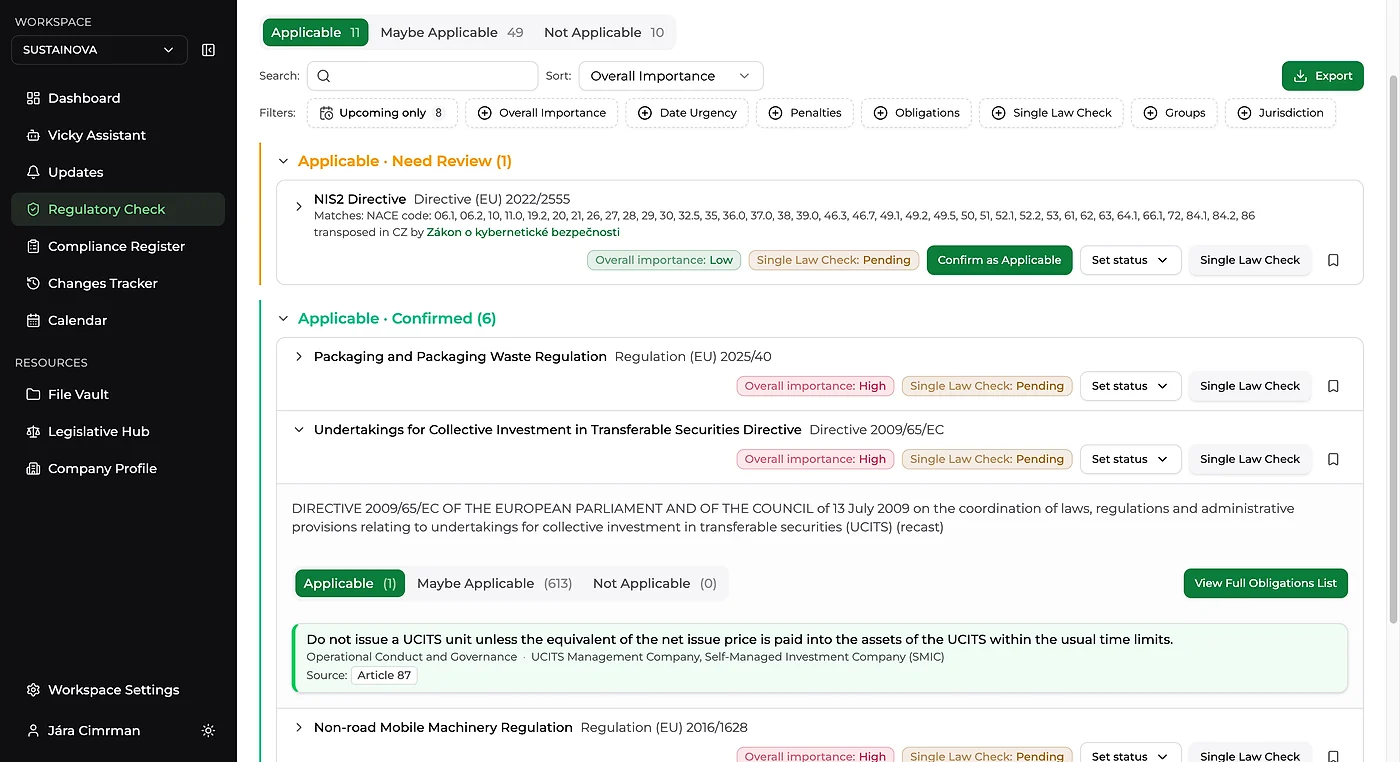 The Sustainova platform's Regulatory Check